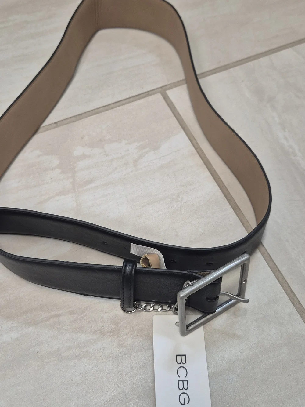 BCBG Black Leather Belt with Silver Buckle and Chain Detail